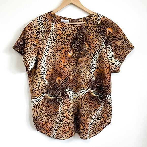 Vintage Cat Animal Print Women Shirt Size 18/20 Brown Leopard Cheetah Spots USA - Picture 1 of 9